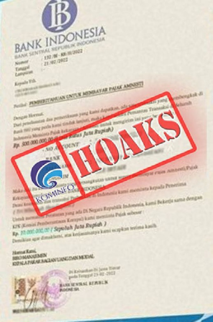 [HOAKS] Surat Tagihan Amnesti Pajak Mengatasnamakan Bank Indonesia